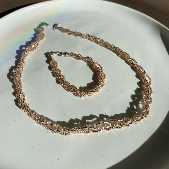 Vintage Braided Seedbead Peach Coral Amethyst Blue Necklace Bracelet Set XS - Picture 4 of 9